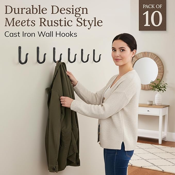 Railroad Spike Cast Iron Hooks (10 Pack) Handmade Blacksmith, Wall Mounted Farmhouse Decorative Hooks, PowderCoated for Interior or Exterior Use, Rust Proof for Hanging Coats, Bags or Pots (Black)
