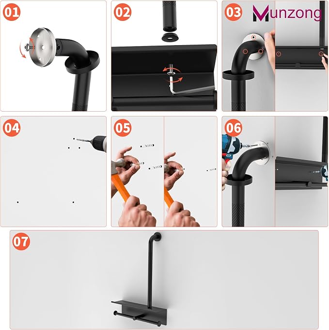 Bathroom Grab Bar with Shower Shelves,Munzong Black Toilet Paper Holder 3 in 1 Bathroom Organizers and Storage, Anti Slip Stainless Steel Safety Hand Rail for Handicap Elderly Senior Assist