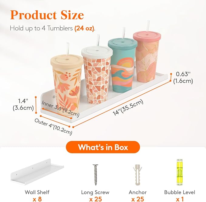 Lifewit Floating Shelves for Wall, Acrylic Display Shelf Wall Mounted for Figure, Car, Art, Book, 14" Perfume Organizer for Bathroom, Bedroom, Living Room, Nursery, Home Decor, White, 8 Pack