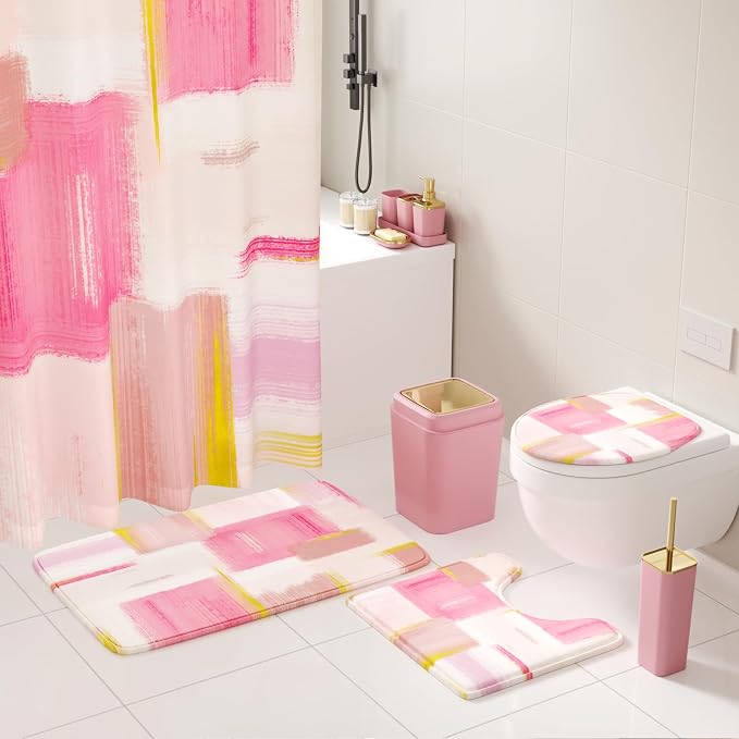 XLHOMO Bathroom Accessories Set - 26PCS Pink Bathroom Set, Bathroom Accessory Set with Shower Curtain and Rugs and Bathtub Mats for Home