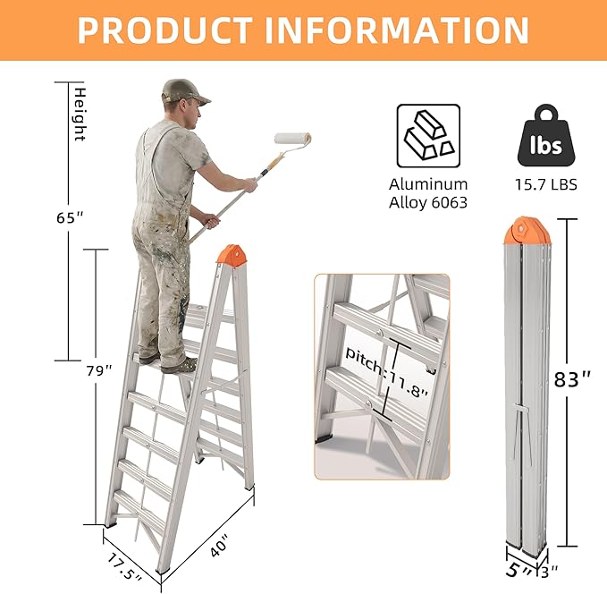 APARECIUM Aluminum Ladder, Foldable Twin Front A Frame 6-Step Ladder with Wide Anti-Slip Pedal, Compact Portable Lightweight Step Stool, EN131, 330lb Capacity