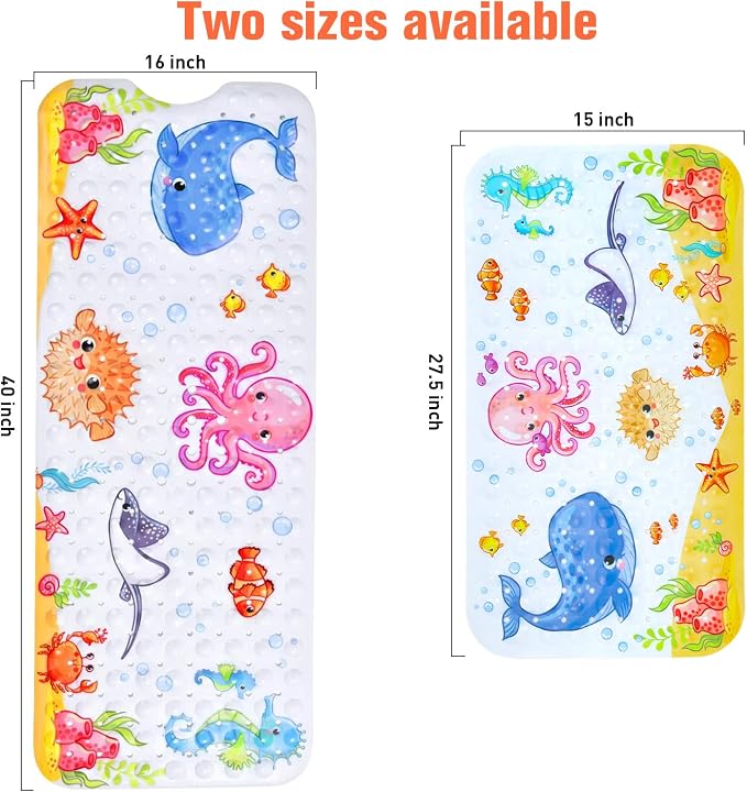 Secopad Bath Mat for Tub Non Slip, Machine Washable Anti-Slip Cartoon Baby Bathtub Shower Mat with Drain Holes and Suction Cups for Toddler & Kids, 40 Inch x 16 Inch-Rectangular, Pink Octopus