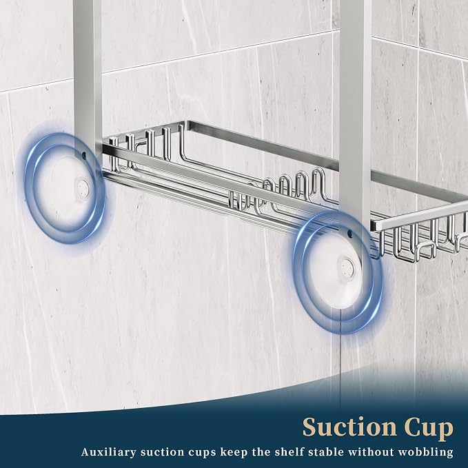 Consumest Over The Door Shower Caddy - 4 Tier Adjustable Hanging Shower Organizer Shelf with 2 Soap Holders & 22 Hooks, Rustproof Easy Installation Hanging Storage Rack for Bathroom, Silver