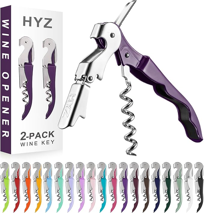 HYZ 2-Pack Wine Opener Waiter Corkscrew, Professional Wine Key for Servers, Bartender with Foil Cutter, Manual Wine Bottle Opener Double Hinged (Plum)