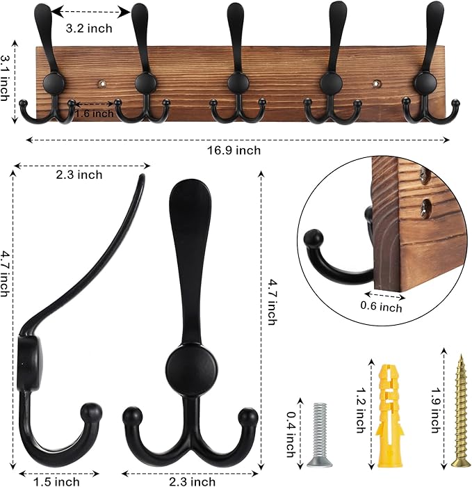 Kuhome 2pcs Coat Rack Wall Mount Wooden Hat Rack for Wall Hooks Pine Real Wood Plank 16.9" Brown Coat Hanger with 5 Triple Hooks for Hanging Coat Hat Jacket