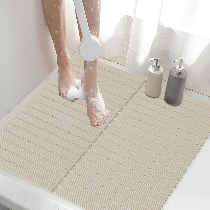 Shower Mat Non-Slip Bath Mat for Tub and Shower Stall,236 Suction Cups with Drain Holes, Quick Dry Machine Washable, Extra Grip for Stand Up Showers, Bathroom Essentials 24x24 Inch (Light Brown)