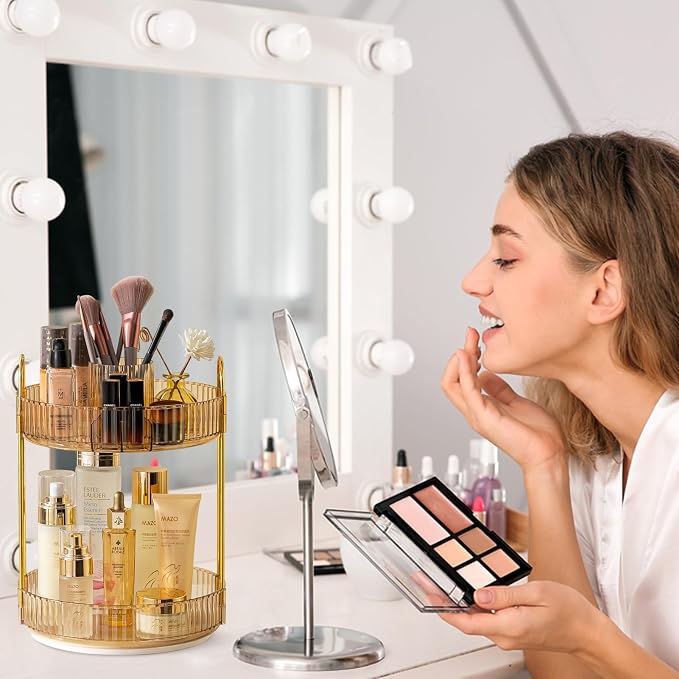 shuang qing Rotating Makeup Organizer for Vanity, High-Capacity Skincare Clear Make Up Storage Perfume Organizers Cosmetic Dresser Organizer Countertop 360 Spinning (Gold, New-2 Tier)