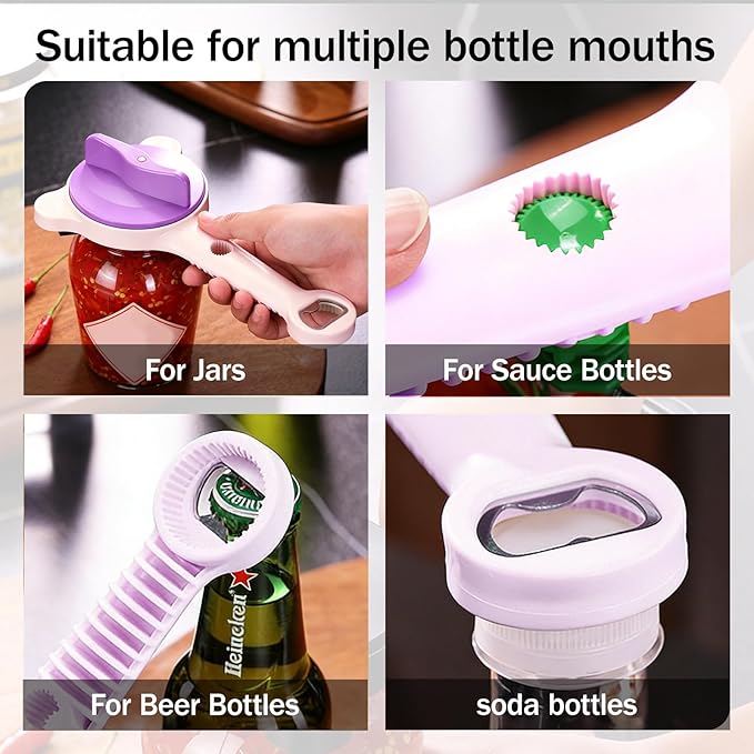 Adjustable Jar Opener for Weak Hands, 4-in-1 Multi-Function Manual Bottle Opener and Corkscrew Set for Seniors with Arthritis, Universal Lid Gripper Kitchen Gadget for All Jar Sizes(purple)