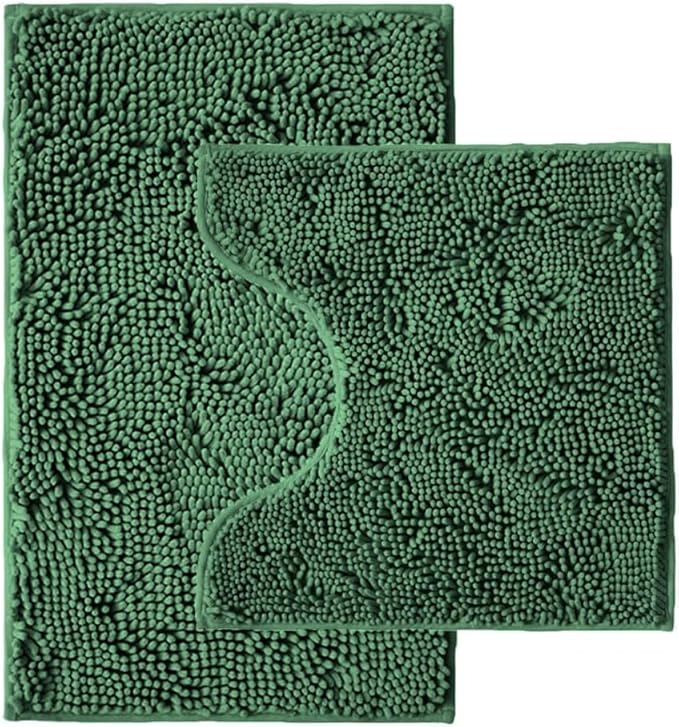 Bathroom Rugs Sets 2 Piece,Super Absorbent Chenille Bath Mats and U-Shaped Toilet Rug,Strong PVC Non Slip Backing,Microfiber Washable Dry Quickly Bath Mats for Bathroom(20"x32"+20"x20"U, Dark Green)