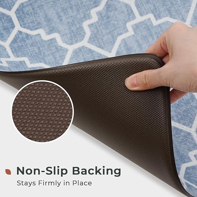 FRESHMINT Kitchen Mat Set of 2, Anti-Fatigue Cushioned Kitchen Mats for Floor, Waterproof Non Slip Comfort Standing Mat, Boho Kitchen Rug for Kitchen Decor, Sink, Office, 17"x30"+17"x47", Lake Blue