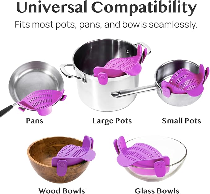 Kitchen Gizmo Snap N Strain Pot and Pasta Strainer - Strainers and Colanders - Adjustable Silicone Clip On Strainer for Pots, Pans, and Bowls - Kitchen Colander - Purple (Pack of 2)