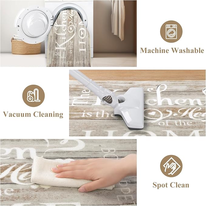 Vaukki Boho Kitchen Rug Sets 3 Pieces, Washable Kitchen Mats for Floor, Non Slip Soft Kitchen Area Rug Floor Mat for Kitchen, Laundry Room and Hallway (Light Brown, 20''x32''+20''x47''+20''x59'')