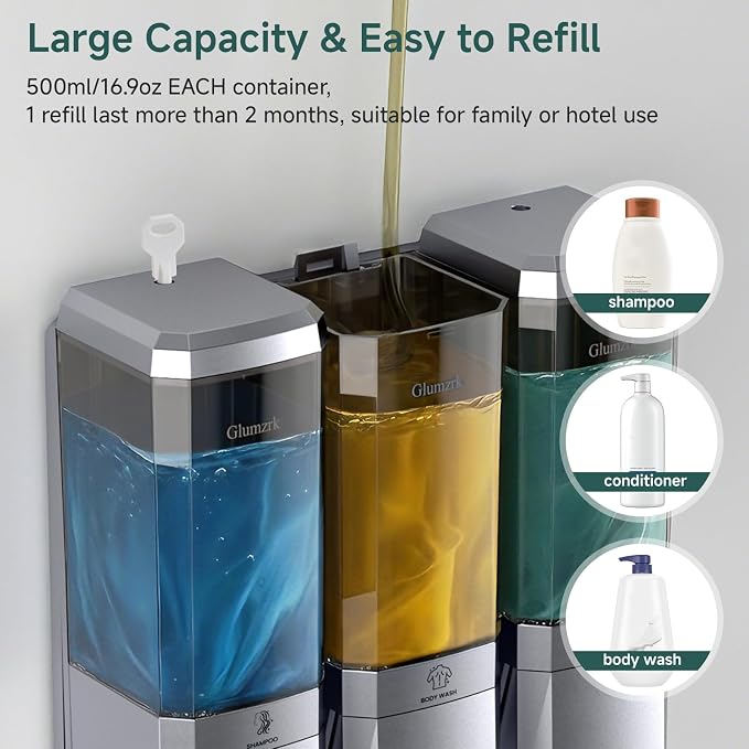 Shampoo and Conditioner Dispenser Wall Mounted No Drill, Shower Soap Dispenser 3 Chamber Shampoo Conditioner Body Wash Refillable 3 * 17oz Shower Soap Dispenser for Bathroom Hotel, Silver+Smoke Gray