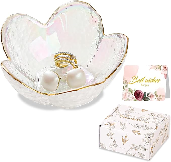 White Flower Jewelry Dish Glass Ring Dish Jewelry Tray Cute Vanity Organizer Room Decor Aesthetic Nightstand Bathroom Decor Trinket Dish Ring Holder Jewellery Tray Valentine's Birthday Gifts for Women