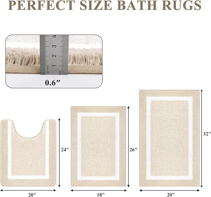 Pauwer Bathroom Rugs Sets 3 Piece Bathroom Shower Rugs with U-Shaped Contour Toilet Mat Absorbent Microfiber Plush Bath Mats Non Slip Bath Rugs Machine Washable Shaggy Bath Floor Mats, Light Beige
