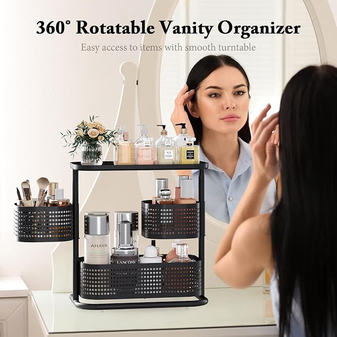 3 Tier Bathroom Counter Organizer, Rotating Countertop Vanity Storage Cabinet with Standing Shelf, Cosmetic Holder for Skincare & Makeup, Kitchen Spice Rack, Bedroom Nightstand Organizer, Black
