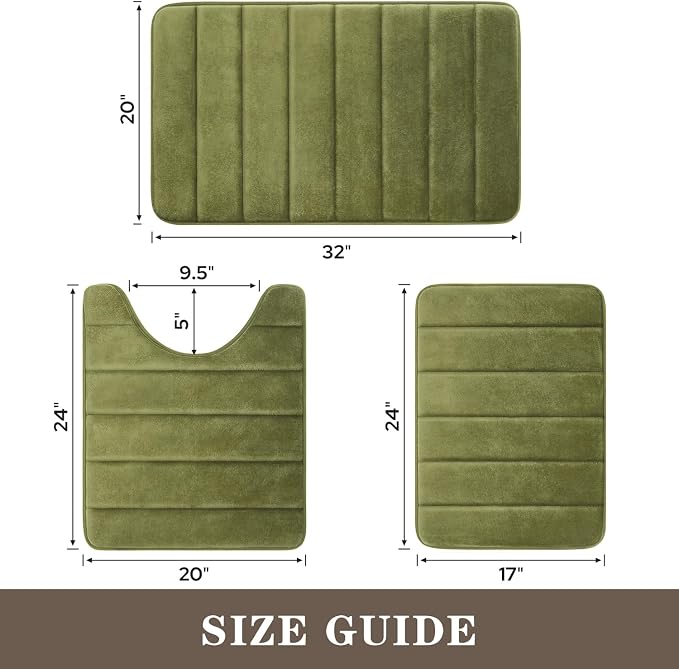 BYSURE Sage Green Memory Foam Bathroom Rug Set 3 Piece, Non Slip Extra Soft Absorbent Machine Washable Toilet Bath Toilet Mat (17"x24"+20"x32"+U Shape 20"x24")