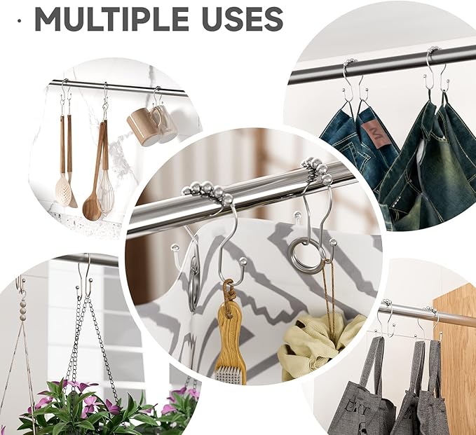 Bathway Shower Curtain Hooks Chrome Shower Curtain Rings Rust Proof, Smooth Glide Double Shower Curtain Hooks, 12Pcs Shower Curtain Hangers, Shower Hooks for Shower Curtain Bathroom Shower Rod Hooks