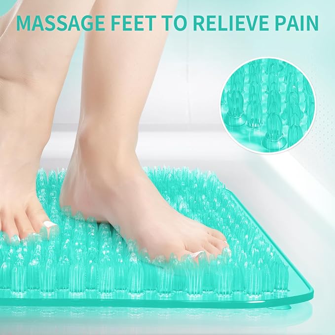 Yolife Shower Foot Scrubber Mat, Anti-Slip Bath Mat with Scrub Bristles, Soft Shower Foot Massager with Strong Suction Cups for Soothe Achy Feet, 25.6" x 13.4"