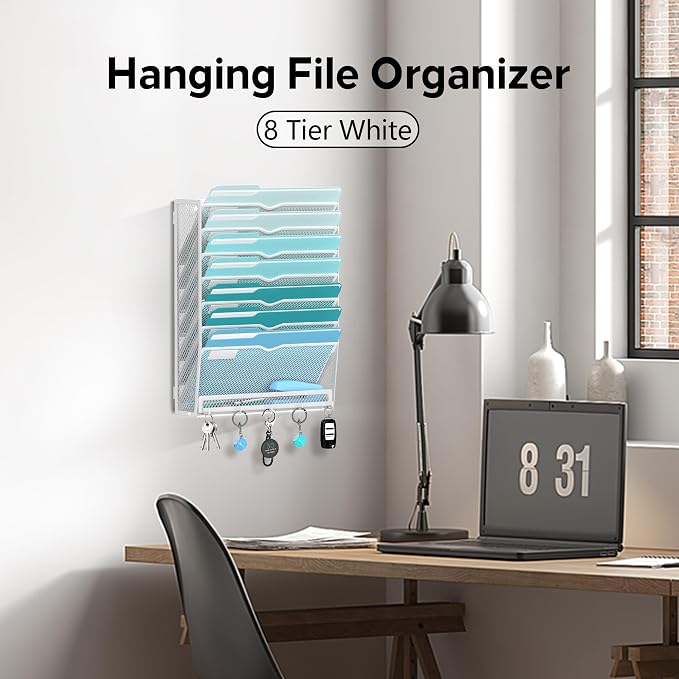 8-Tier Hanging Wall File Organizer with 5 Hooks, Mesh Wall File Holder Vertical Mount Mail Organizer for Papers, Folders, Magazines, Bills, Office and School, White