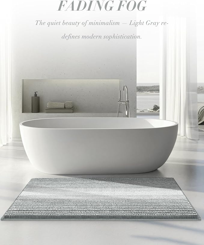 BSICPRO Chenille Bathroom Rugs, 24 x 43 Inches Non Slip Absorbent Bath Mat, Soft Shaggy Shower Bath Floor Mats for Bathroom, Machine Washable(Light Gray)