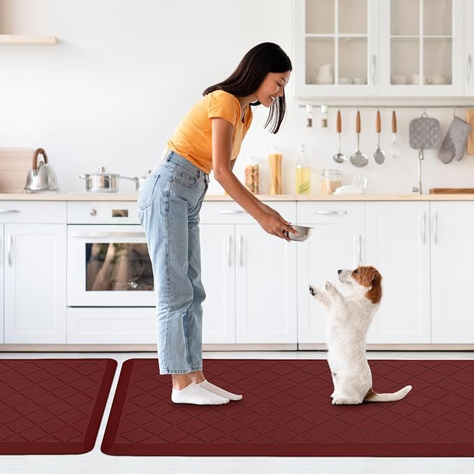 Cushioned Kitchen Mat 2 PCS, Anti Fatigue Kitchen Rugs, Heavy Duty Kitchen Rugs and Mats Non-Skid, Ergonomic Comfort Foam Kitchen Floor Mat for Home, Office, Sink, Laundry, Red