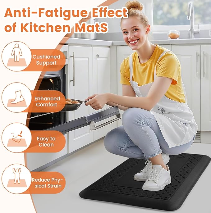 4/5 Inch Thicker Kitchen Mats for Floor Non-Slip Anti Fatigue Comfort Mat Waterproof Kitchen Rug for Sink, Office,Home Stain Resistant Standing Desk Rugs-17.3"x 24", Black
