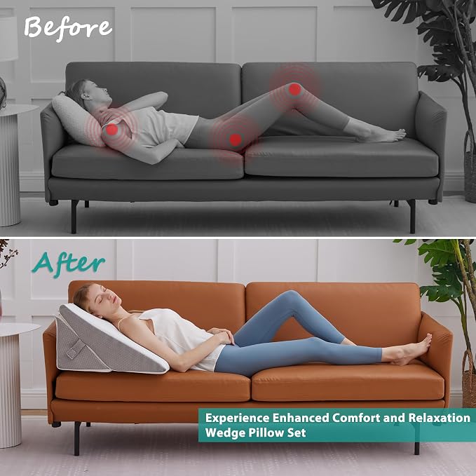 Bedluxe Wedge Pillow for Sleeping, Adjustable 9&12 Inch Foldable Bed Wedge Pillow Set, Orthopedic Memory Foam Triangle Pillows Wedge, 7-in-1 Elevated Pillows for Leg and Back Support, White/Grey