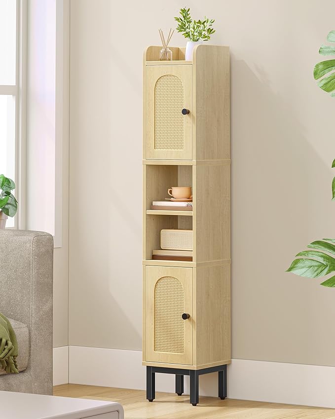 Hzuaneri Slim Bathroom Storage Cabinet, Narrow Bathroom Organizers and Storage with 4 Adjustable Feet, Laundry Room Organization for Small Space, Kitchen, Living Room, 2 Doors Rattan Yellow BC22402Y