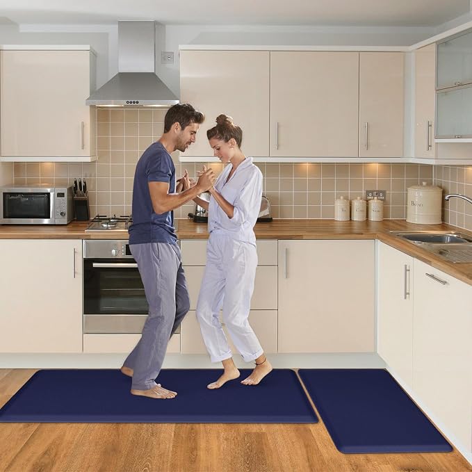 HappyTrends 2 PCS Kitchen Mat Cushioned Anti-Fatigue Floor Mat, Heavy Duty Ergonomic Comfort Foam Standing Mat,20"x30"+20"x47",Navy