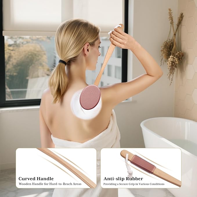 AmazerBath Lotion Applicator for Back, Feet, 4 Replacement Pads with 17" Curved Handle, Back Sunscreen Applicator for Kids, Elderly, Women, Apply Skin Cream Medicine Moisturizer Tanner, Coffee Pink