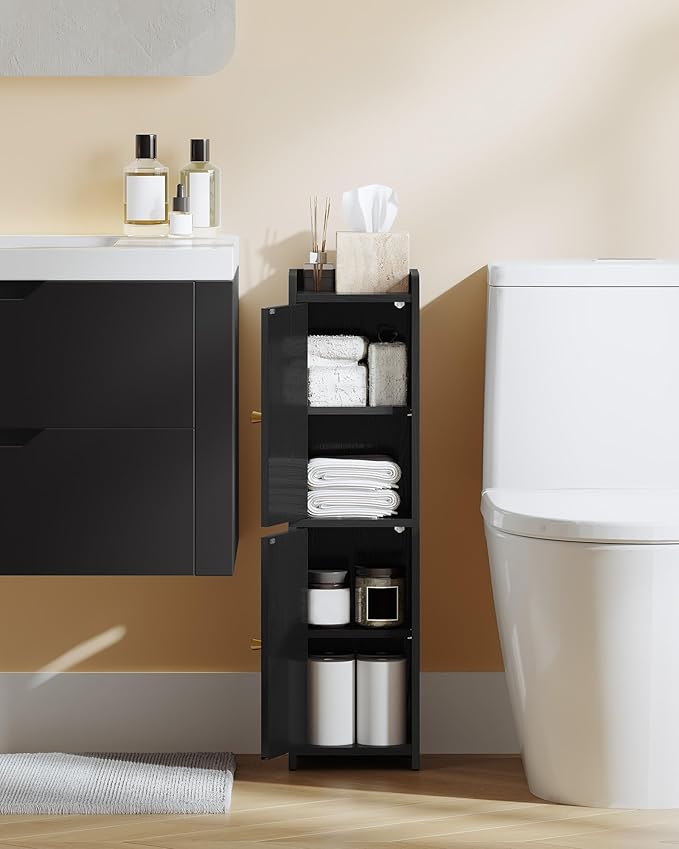 Hzuaneri Bathroom Storage Cabinet, Small Corner Floor Cabinet with 2 Doors and Adjustable Shelf, Narrow Toilet Paper Cabinets, Bathroom Organizer for Small Spaces, 7.9" D x 7.9" W x 29.5" H Black