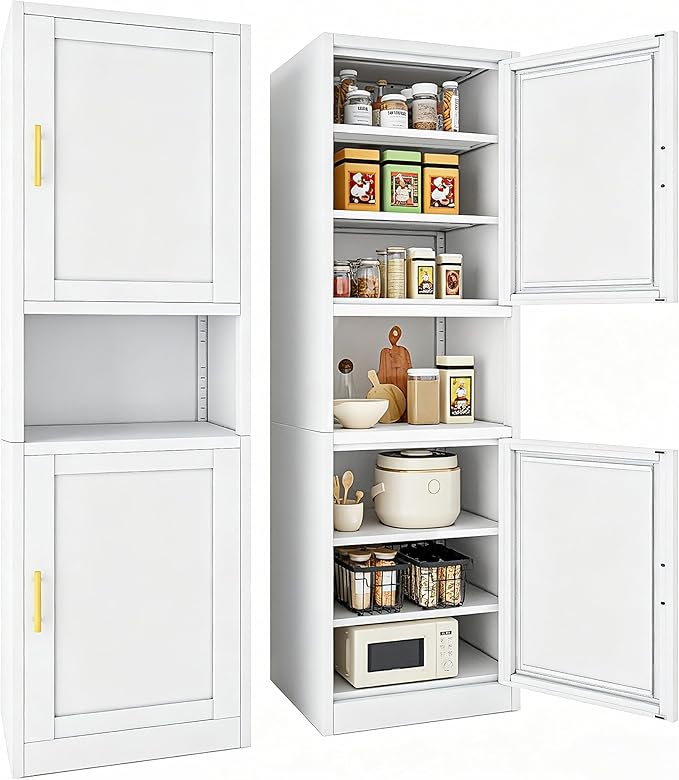 67" H Metal Tall Narrow Storage Cabinet, Freestanding Floor Cabinet with 2 Doors and Adjustable Shelves, Pantry Storage Cabinets for Bathroom, Living Room, Entryway and Kitchen (White)