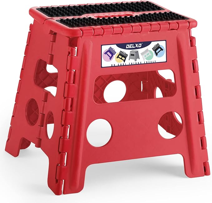 Delxo Folding Step Stool, 13 inch Non-Slip Foldable Stools Up to 300 LBS, Step Stool with Handle, Lightweight for Kitchen, Bathroom, Bedroom, Garden, Dotted Texture, Red,1PC