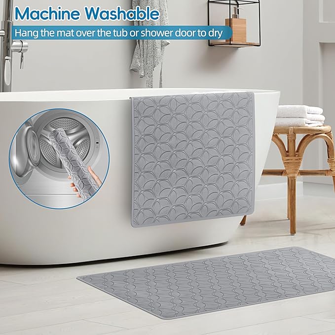 Bathtub Mat Non Slip with Suction Cups - 100% Rubber Bathroom Mat Textured for Bath Tub Shower Safety - Soft on Touch - BPA/PVC Free - Pet Dog Bath Mat - Machine Washable - 17 × 35 Inch（Gray）