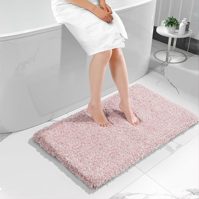 Yimobra Luxury Bathroom Rugs, Fluffy Bath Mats, Non Slip, Water Absorbent Microfiber, Machine Washable, Plush Carpet Shower Rugs, Thick Matts for Bathroom Floor&Tub, 44" X 24", Light Pink and White