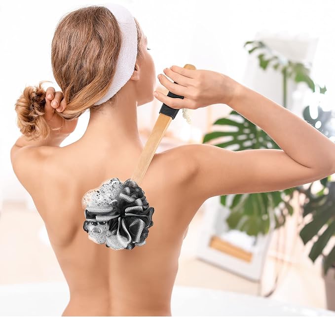 FORENEE Long Loofah with Handle, Back Scrubber for Shower, Loofah on a Stick (19.09"), Black & White 4.72" Jumbo Mesh PE Pouf, Waterproof Coated Wooden Handle, Non-Slip Grip, Hanging Loop, Men & Women