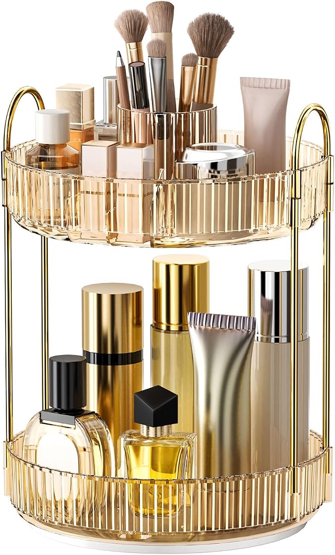 360 Rotating Makeup Organizer - Large-Capacity Skincare & Makeup Storage with 2-Tier Perfume Organizers, Cosmetic Dresser & Makeup Brush Holder - Fits Bedroom, Bathroom, Vanity Shelf & Countertop