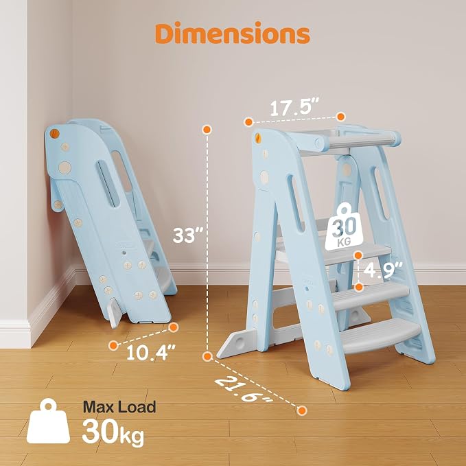 Onasti Adjustable Height Toddler Tower, Space Saving Kids Kitchen Step Stool with Removable Safety Net, Non-Slip Standing Platform for Toddlers 1.5-6 Years-Blue