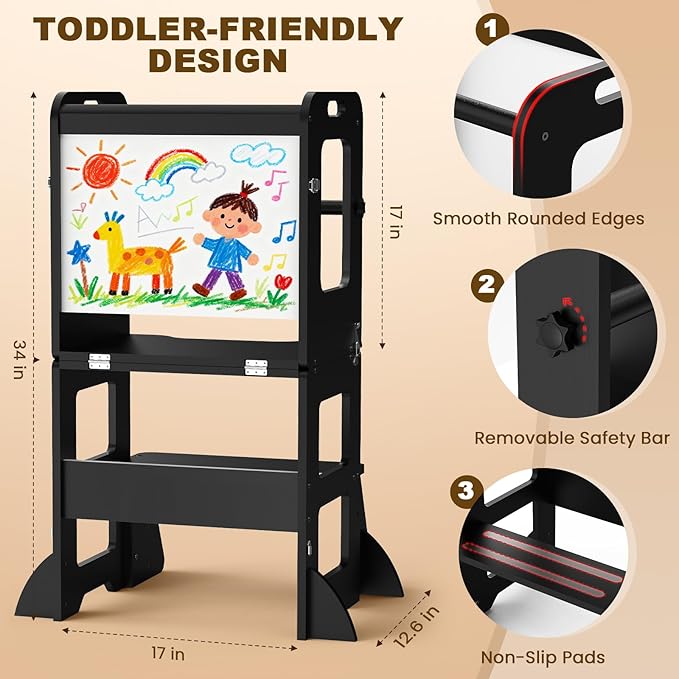 Woodure 4-in-1 Toddler Kitchen Step Stool, Learning Standing Tower with Whiteboard, Wooden Kitchen Stool Helper for Kids, 1-3 Year Old Boy Girl Gifts-Black