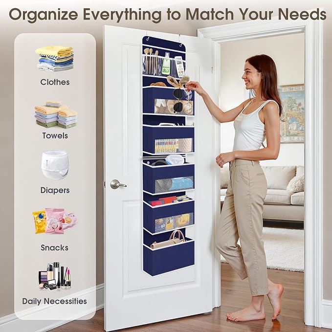 SpaceHacks 6-Tier Over The Door Organizer Hanging Storage Organizers with Clear Window 40lb Large Capacity Room Organizer for Pantry Bathroom Nursery Closet(Blue)