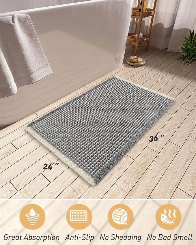 Upgraded Waffle Bath Mat, Super Absorbent Non Slip Bath Mats for Bathroom Floor, Machine Washable Bathroom Rugs with Tassels, Rubber Backed Bathroom Mats, Ultra Soft, 24" x 36",DarkGrey & Cream