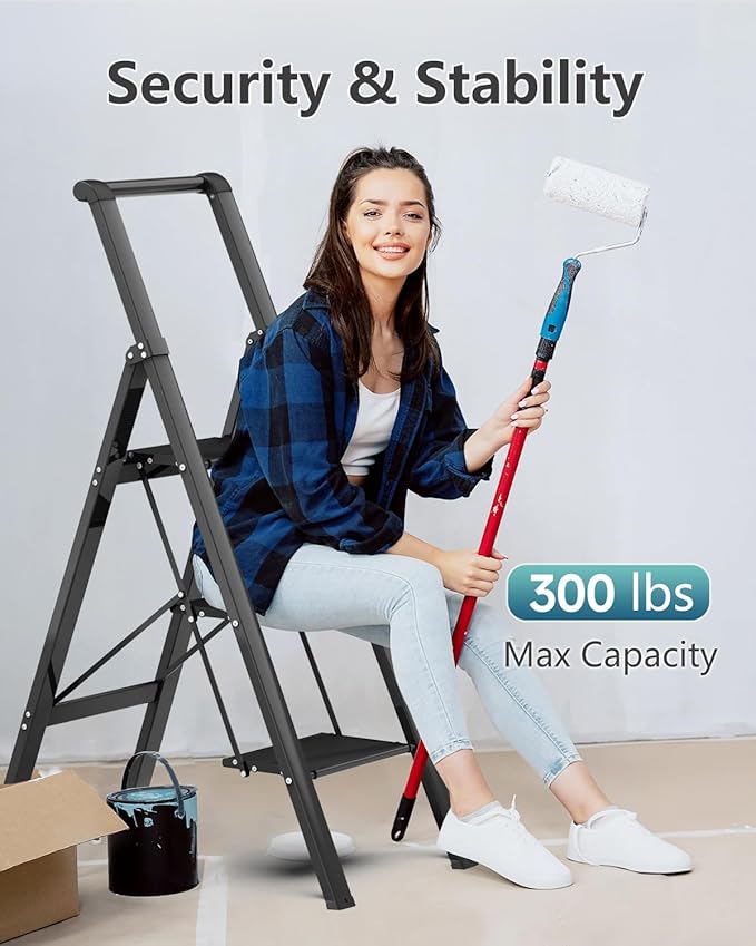 SOLADDER 3 Step Ladder, Slim Folding Steps Stool with Handrail, Iron Foldable Black Ladder with Anti-Slip Wide Pedal, for Home, Kitchen, Office, Garage Use (300 lbs Capacity)