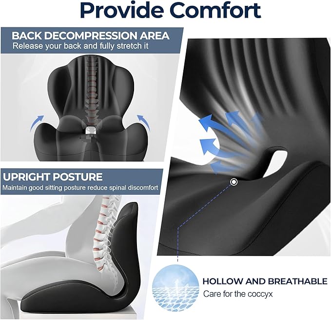 Seat Cushion for Office Chair and Car, L-Shaped Ergonomic Seat Cushions,Memory Foam Orthopedic Cushion with Coccyx Hollow,Lumbar Support & Tailbone Pain Relief for Car, Truck, Home,Gaming Chair,Black