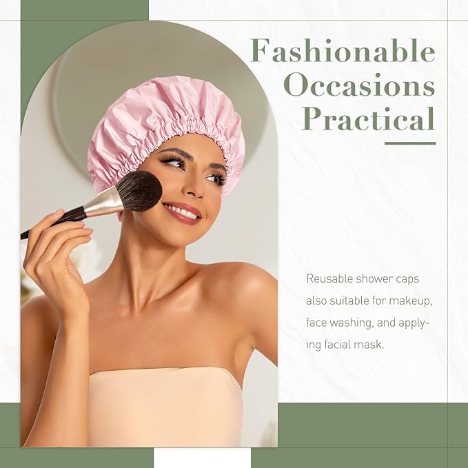 Reusable Shower Cap for Women, Large Waterproof Shower Bonnet with Elastic Band, Washable Bath Hair Cap for Long, Curly Hair, Braids, Daily Shower, Home Spa, Travel(Pink&Black)