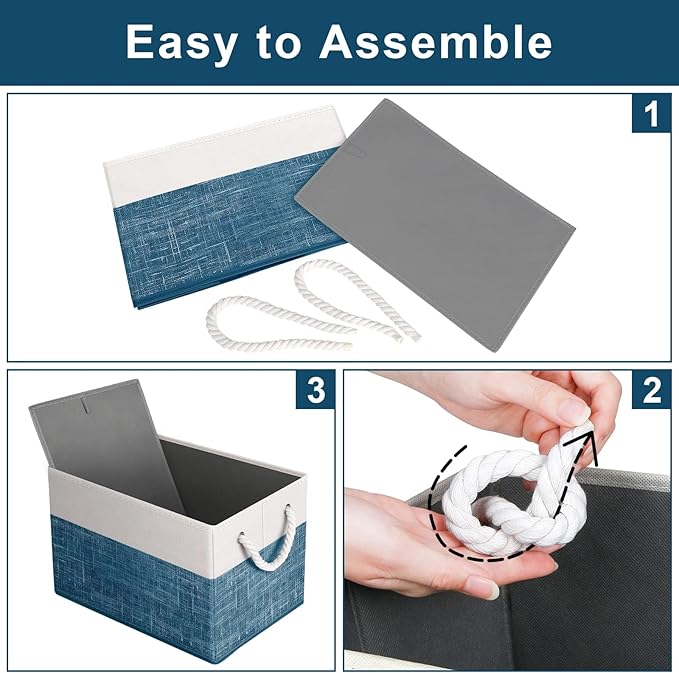 Fab totes Storage Bins 6-Pack, Foldable Storage Baskets for Organizing Toys, Books, Shelves, Closet, Large Storage Box with Rope Handles, Sturdy Organizer Bins, White & Blue