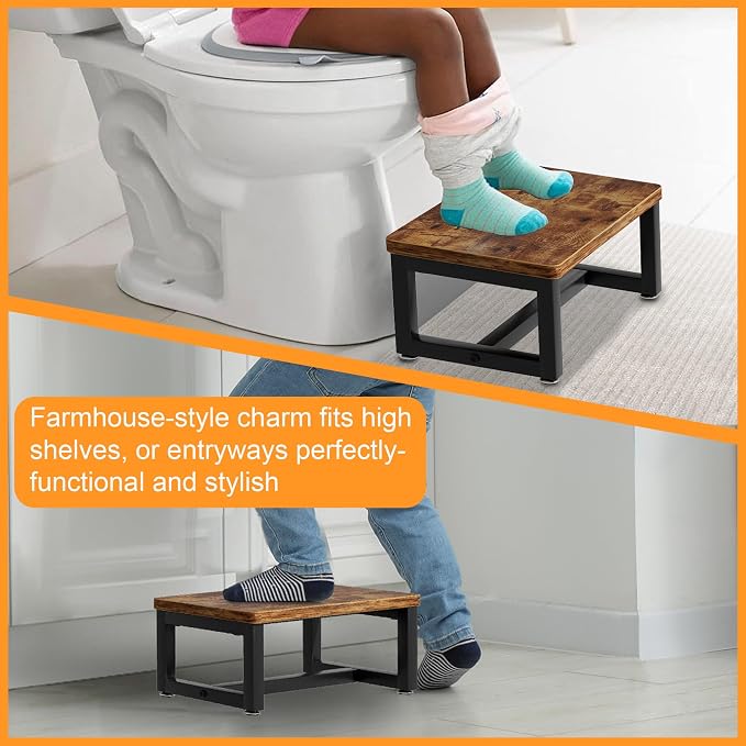 Wooden Step Stools with Anti Slip Pat for Adult, Heavy Duty Bedside Foot Stools with 400-LBS Capacity for High Beds, 7" Tall Bed Steps for Bedroom Kitchen Bathroom, Rustic Brown