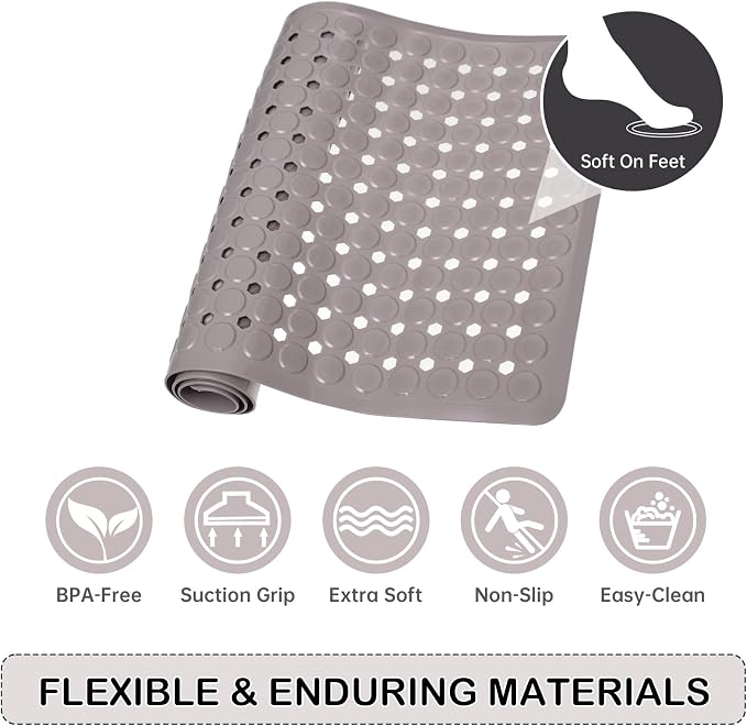 Non-Slip Bathtub and Shower Mats, Power Grip Bath Mat 35 x 16.3 Inch with Suction Cups and Drain Holes for Tub Bathroom Floor Safety, Machine Washable Soft Bathmat, Tan