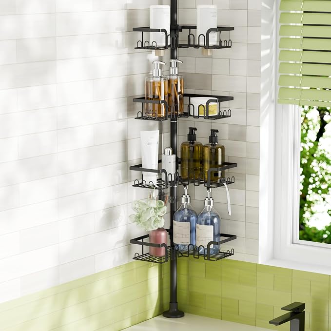 Corner Shower Caddy Tension Pole Adjustable 30.6-127.2 Inch, 4-Tier Rustproof Shower Organizer Shelf Rack, No-Drill Installation Bathroom Storage Shower Caddy Corner Pole, Black