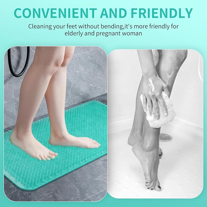 Yolife Shower Foot Scrubber Mat, Anti-Slip Bath Mat with Scrub Bristles, Soft Shower Foot Massager with Strong Suction Cups for Soothe Achy Feet, 25.6" x 13.4"